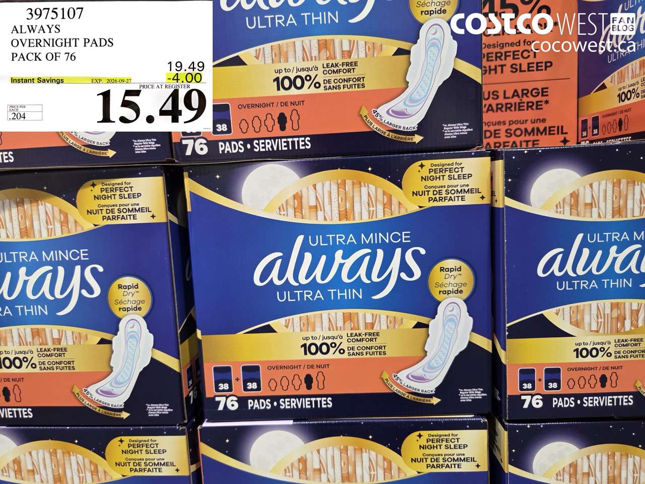 3975107 ALWAYS OVERNIGHT PADS PACK OF 76 ($4.00 INSTANT SAVINGS EXPIRES ON 2026-09-27) $15.49
