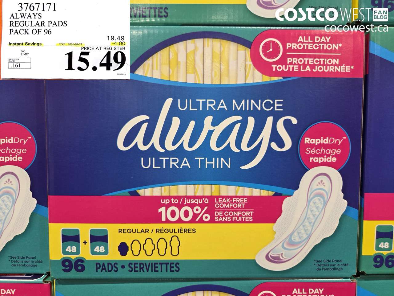 3767171 ALWAYS REGULAR PADS PACK OF 96 ($4.00 INSTANT SAVINGS EXPIRES ON 2026-09-27) $15.49