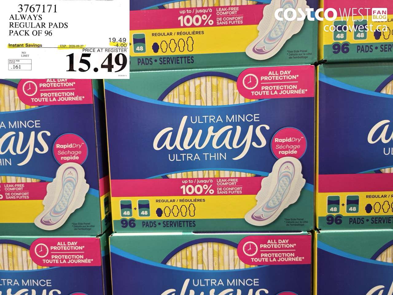 3767171 ALWAYS REGULAR PADS PACK OF 96 ($4.00 INSTANT SAVINGS EXPIRES ON 2026-09-27) $15.49