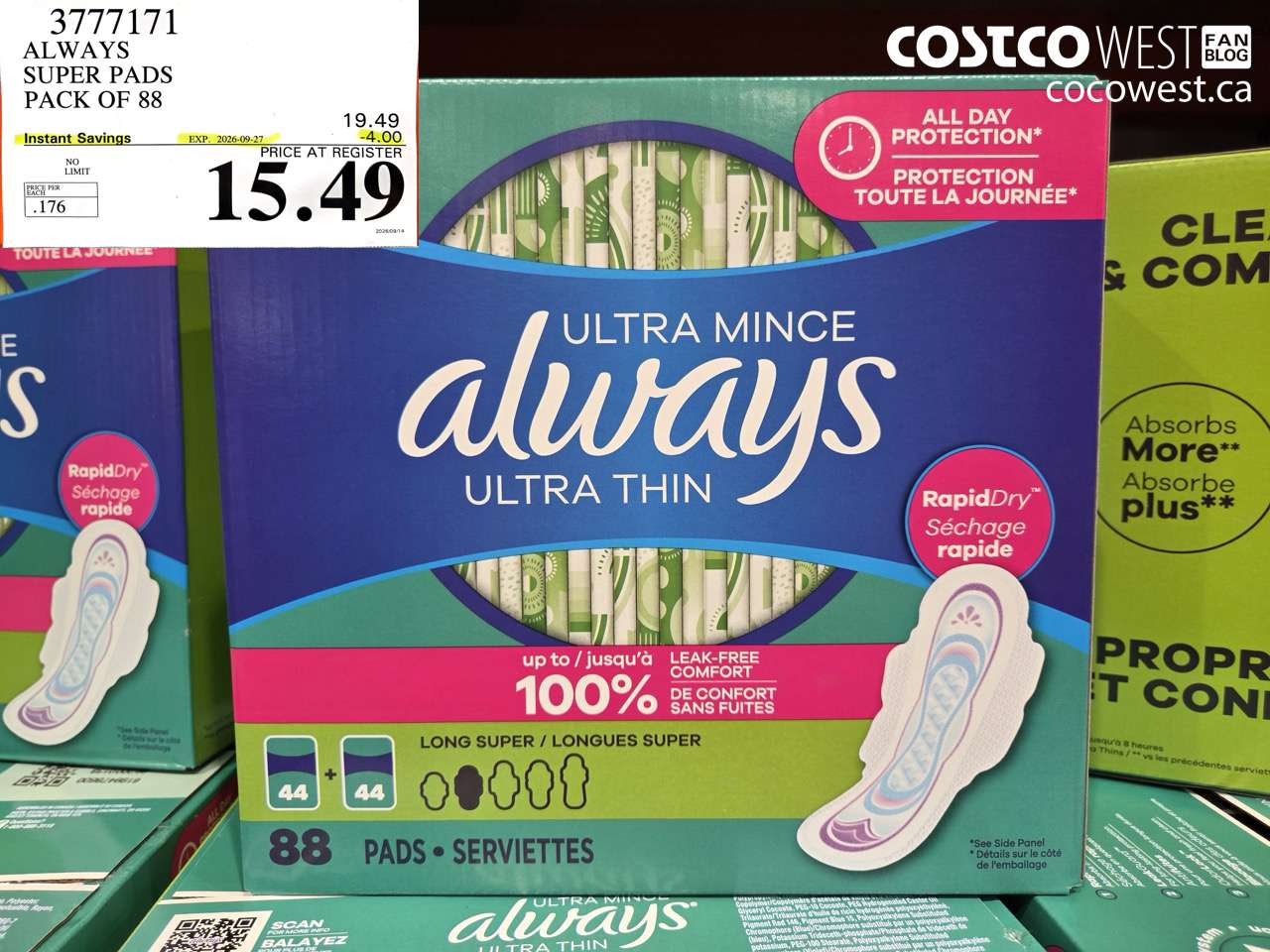 3777171 ALWAYS SUPER PADS PACK OF 88 ($4.00 INSTANT SAVINGS EXPIRES ON 2026-09-27) $15.49