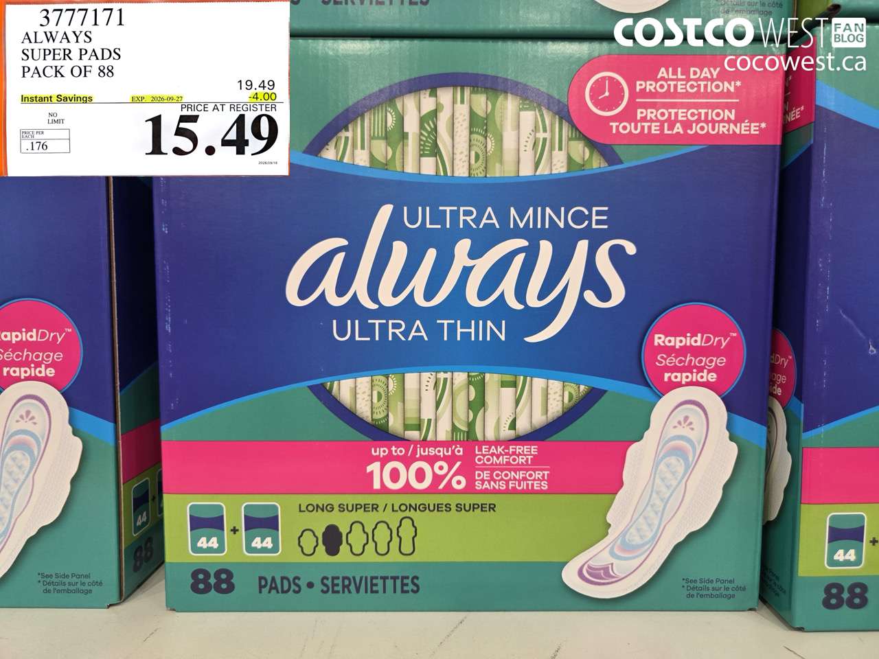 3777171 ALWAYS SUPER PADS PACK OF 88 ($4.00 INSTANT SAVINGS EXPIRES ON 2026-09-27) $15.49