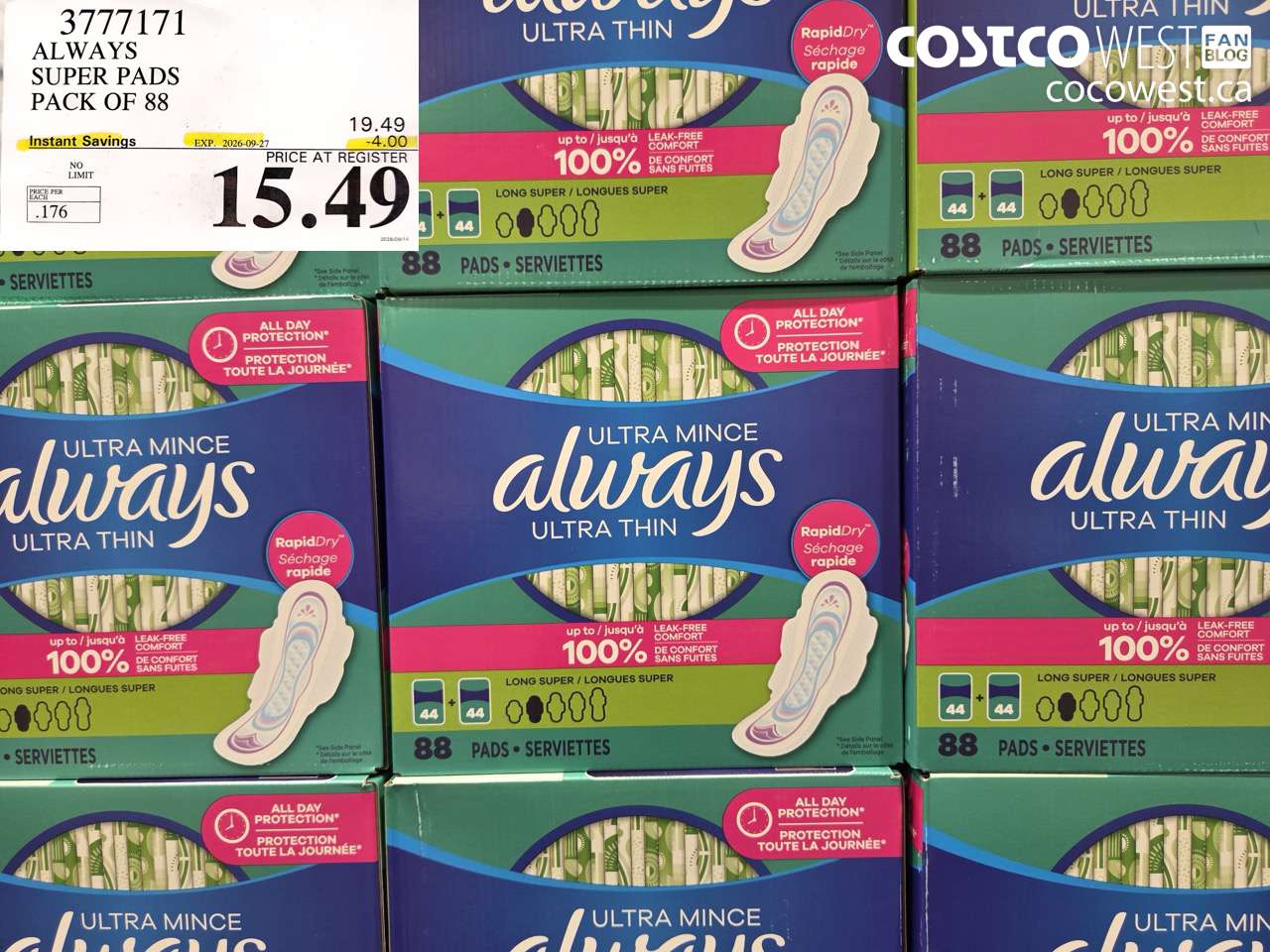 3777171 ALWAYS SUPER PADS PACK OF 88 ($4.00 INSTANT SAVINGS EXPIRES ON 2026-09-27) $15.49