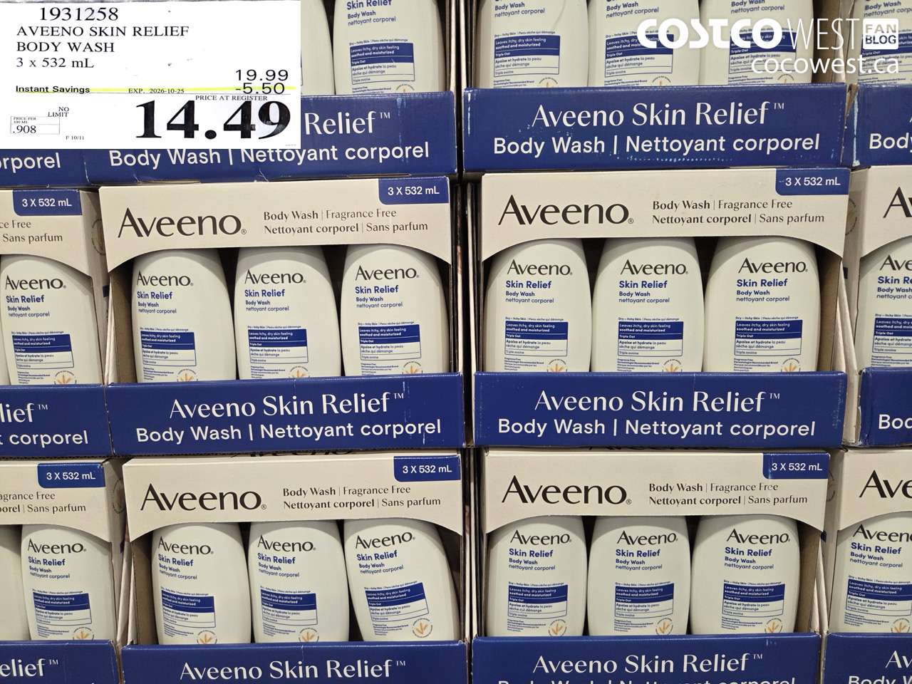 1931258 AVEENO SKIN RELIEF BODY WASH 3 X 532 ML ($5.50 INSTANT SAVINGS EXPIRES ON 2026-10-25) $14.49
