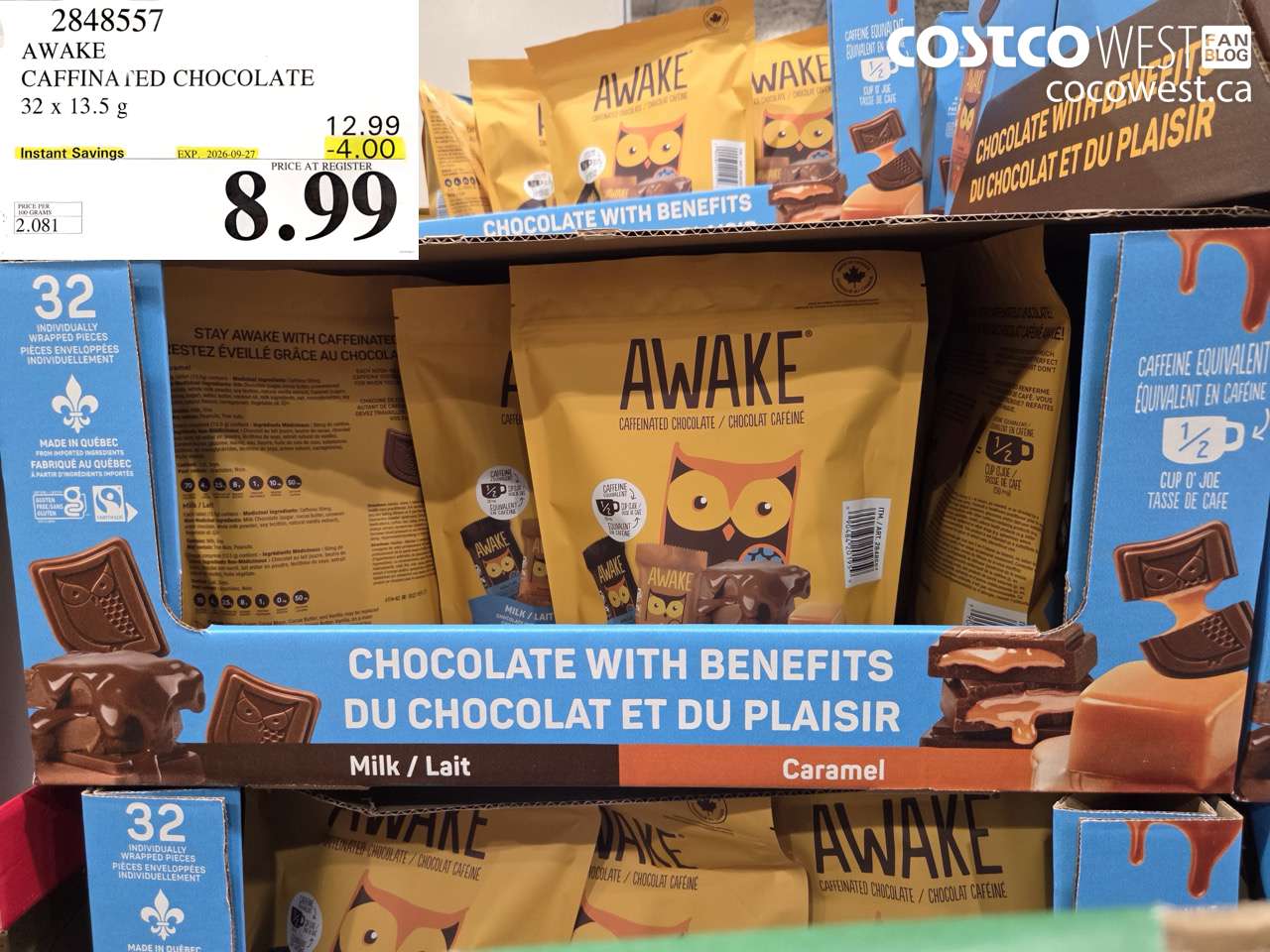 2848557 AWAKE CAFFEINATED CHOCOLATE 32 X 13.5 G ($4.00 INSTANT SAVINGS EXPIRES ON 2026-09-27) $8.99