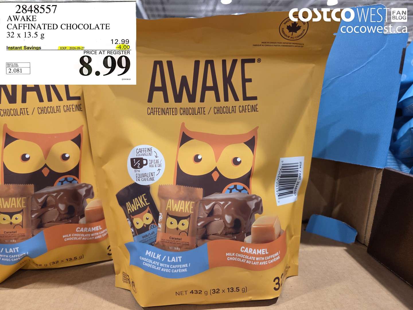 2848557 AWAKE CAFFEINATED CHOCOLATE 32 X 13.5 G ($4.00 INSTANT SAVINGS EXPIRES ON 2026-09-27) $8.99