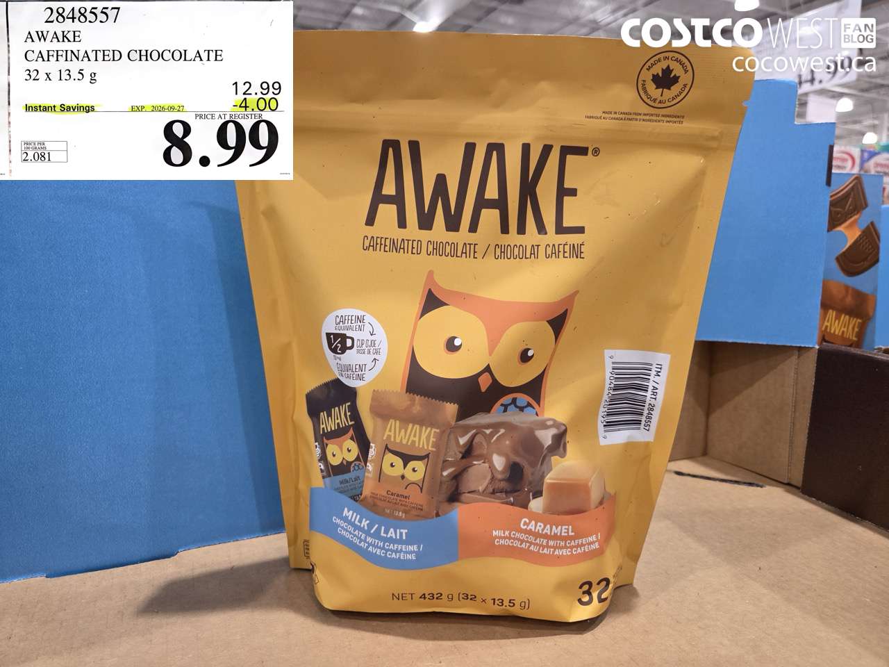 2848557 AWAKE CAFFEINATED CHOCOLATE 32 X 13.5 G ($4.00 INSTANT SAVINGS EXPIRES ON 2026-09-27) $8.99