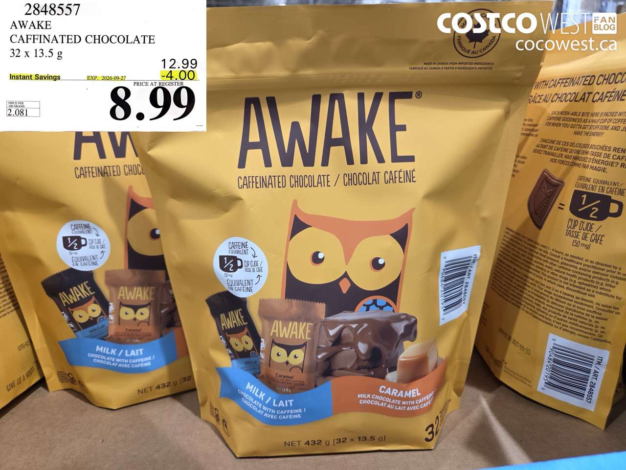 2848557 AWAKE CAFFINATED CHOCOLATE 32 X 13.5 G ($4.00 INSTANT SAVINGS EXPIRES ON 2026-09-27) $8.99