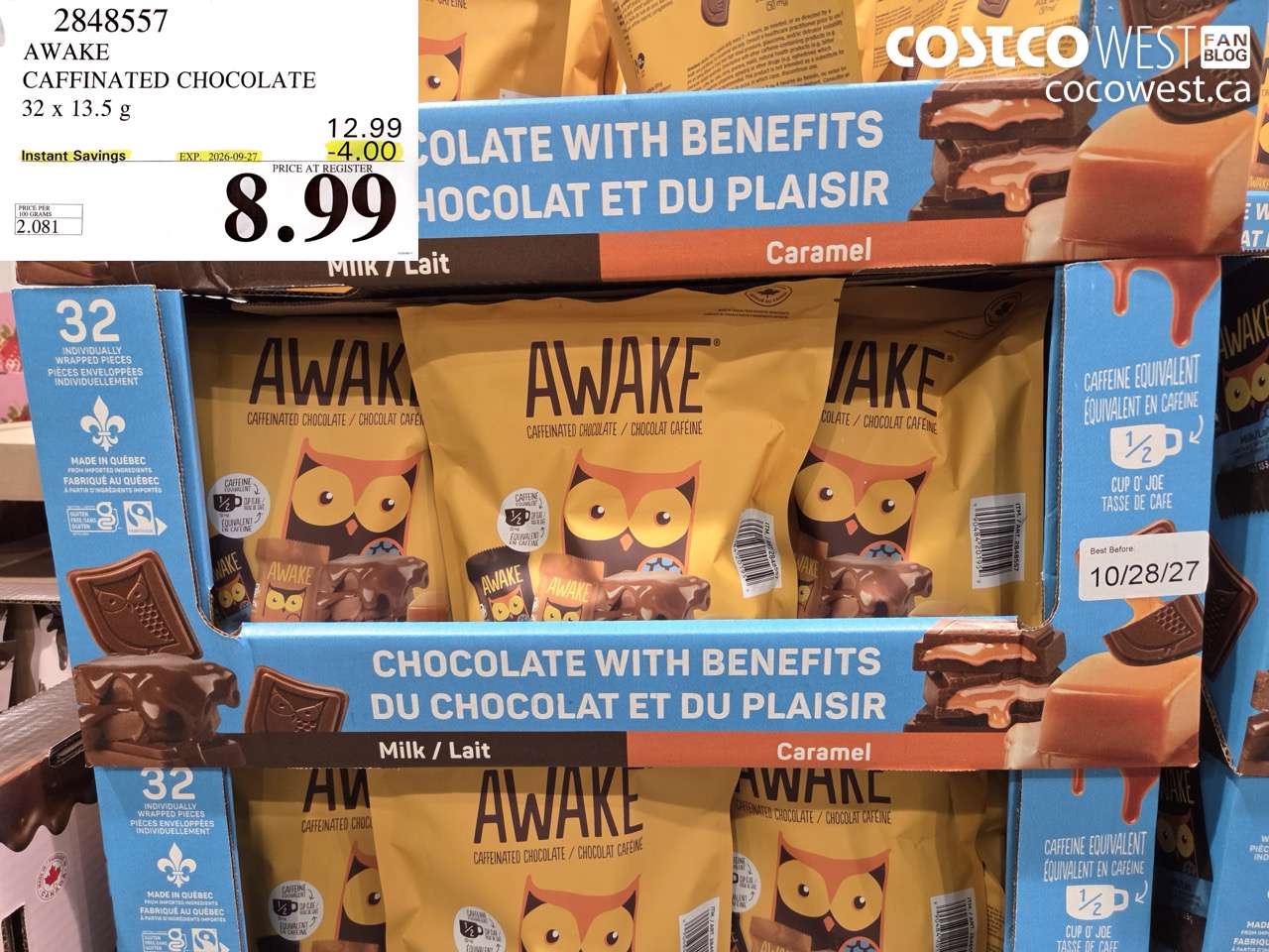 2848557 AWAKE CAFFINATED CHOCOLATE 32 X 13.5 G ($4.00 INSTANT SAVINGS EXPIRES ON 2026-09-27) $8.99