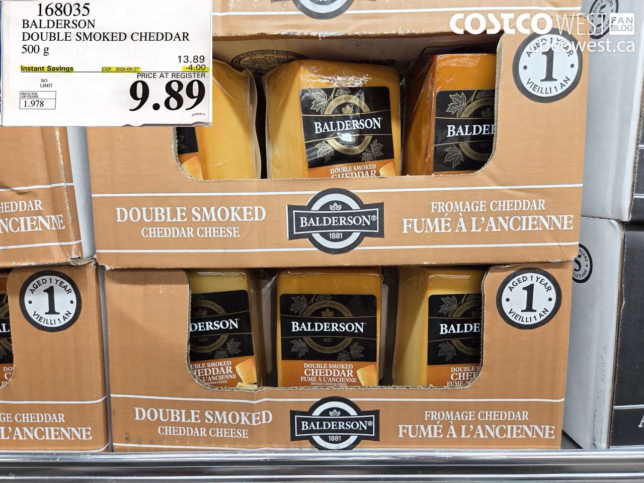 168035 BALDERSON DOUBLE SMOKED CHEDDAR 500 G ($4.00 INSTANT SAVINGS EXPIRES ON 2026-09-27) $9.89