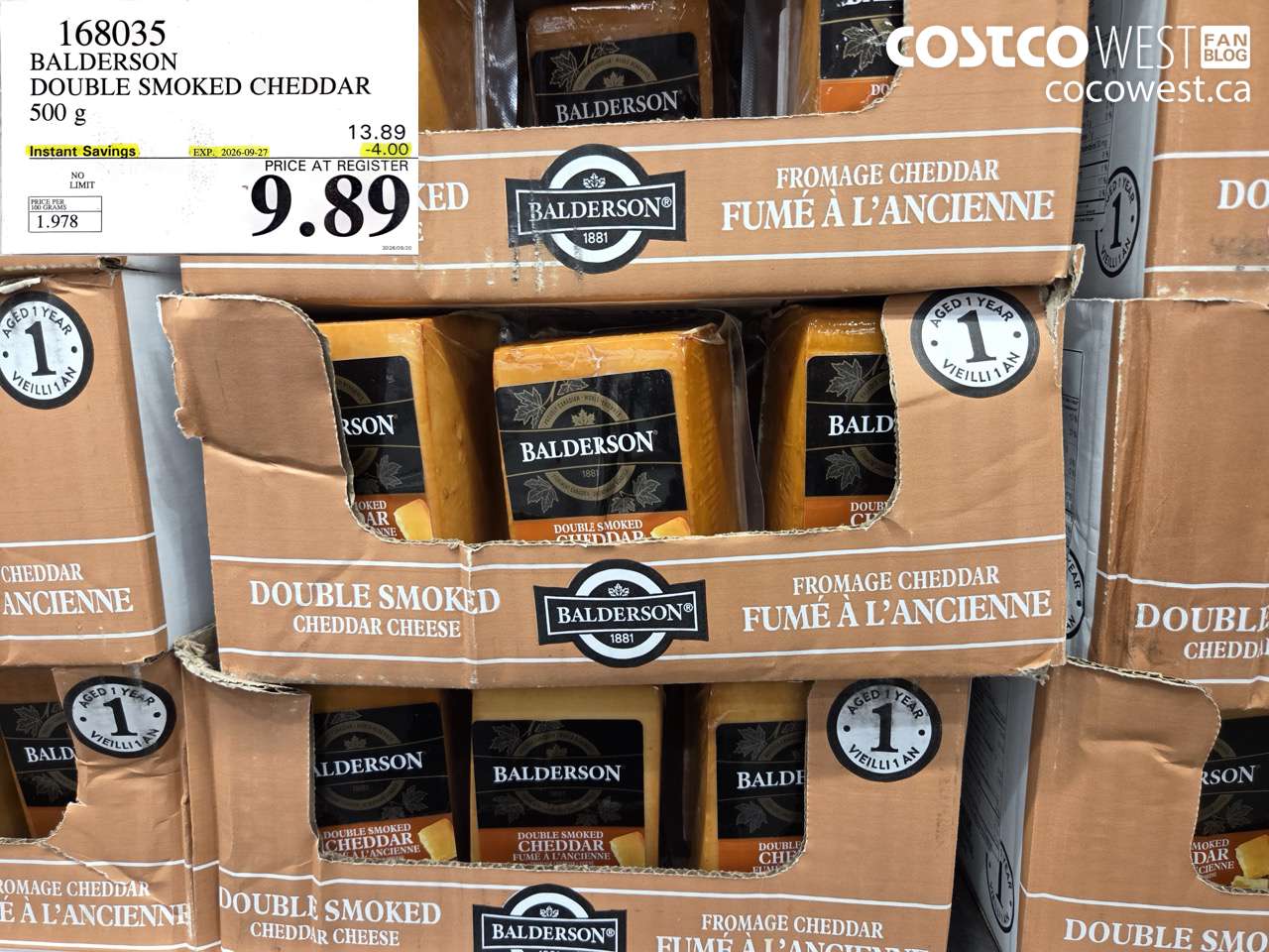 168035 BALDERSON DOUBLE SMOKED CHEDDAR 500 G ($4.00 INSTANT SAVINGS EXPIRES ON 2026-09-27) $9.89
