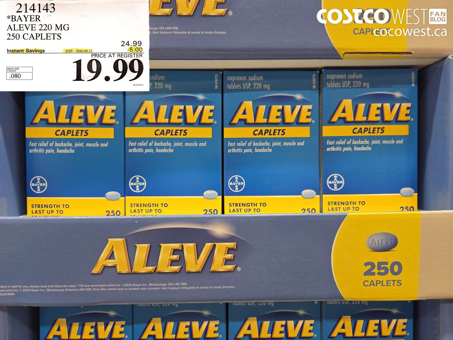214143 BAYER ALEVE 220 MG 250 CAPLETS ($5.00 INSTANT SAVINGS EXPIRES ON 2026-09-13) $19.99
