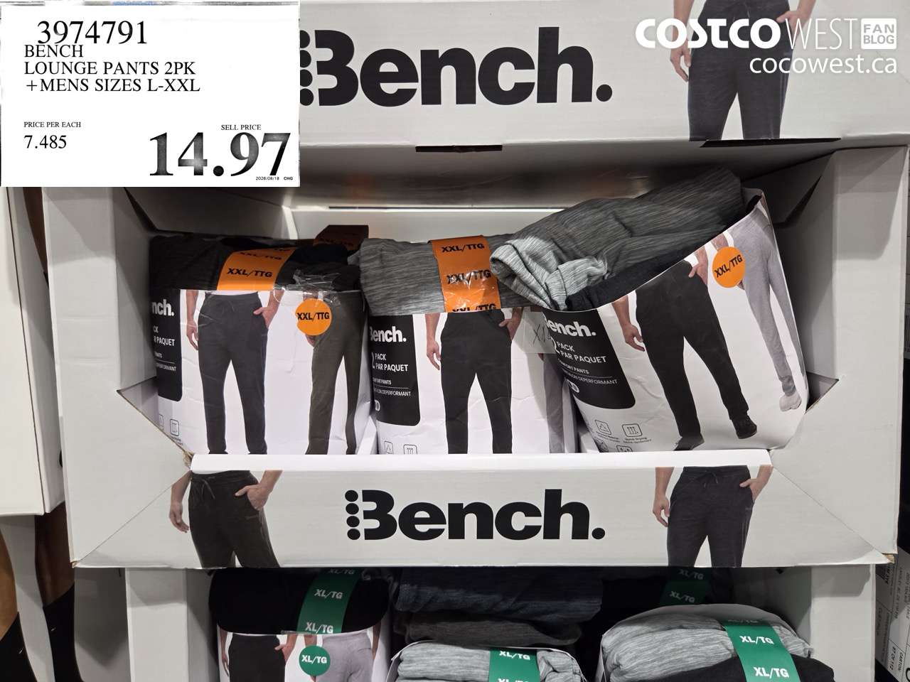 3974791 BENCH LOUNGE PANTS 2PK + MENS SIZES L-XXL $14.97