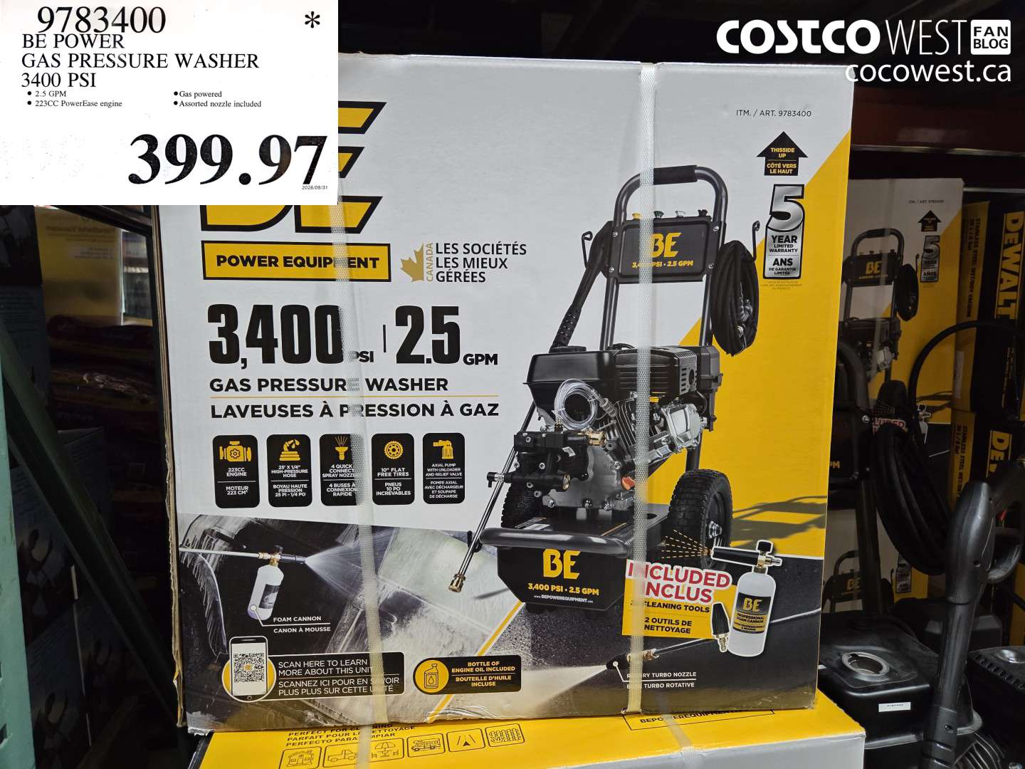 9783400 BE POWER GAS PRESSURE WASHER 3400 PSI $399.97