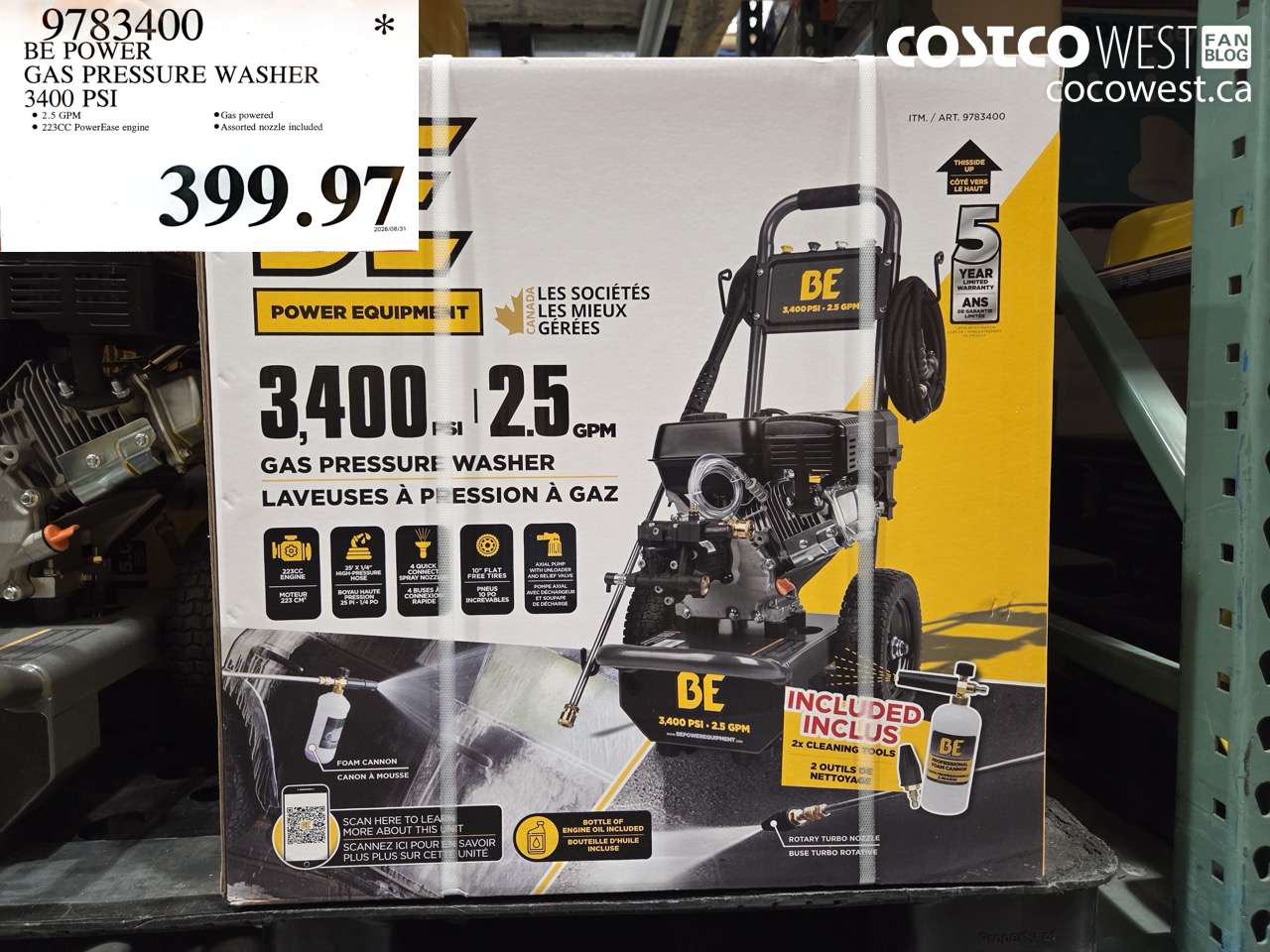 9783400 BE POWER GAS PRESSURE WASHER 3400 PSI $399.97