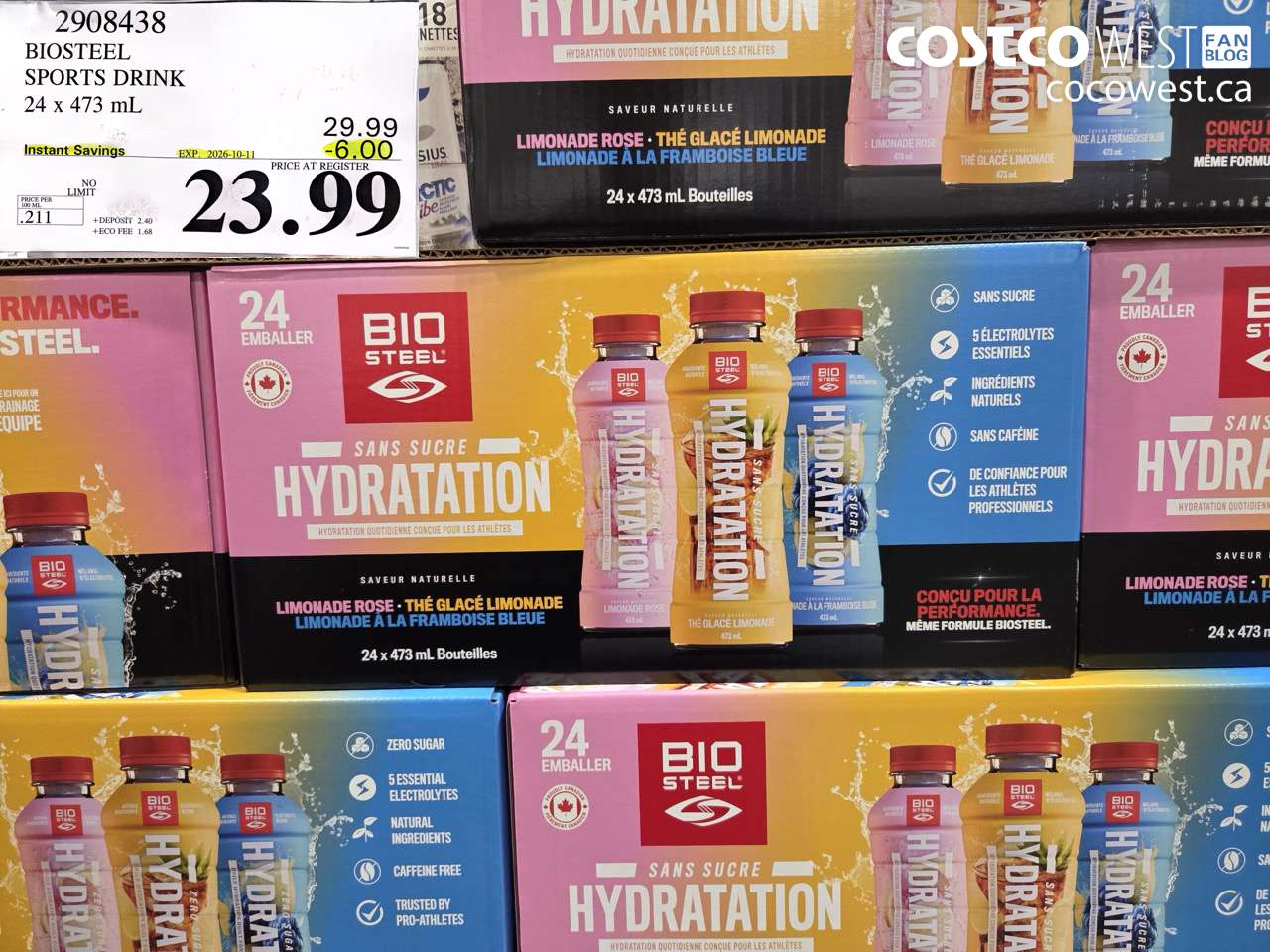 2908438 BIOSTEEL SPORTS DRINK 24 X 473 ML ($6.00 INSTANT SAVINGS EXPIRES ON 2026-10-11) $23.99