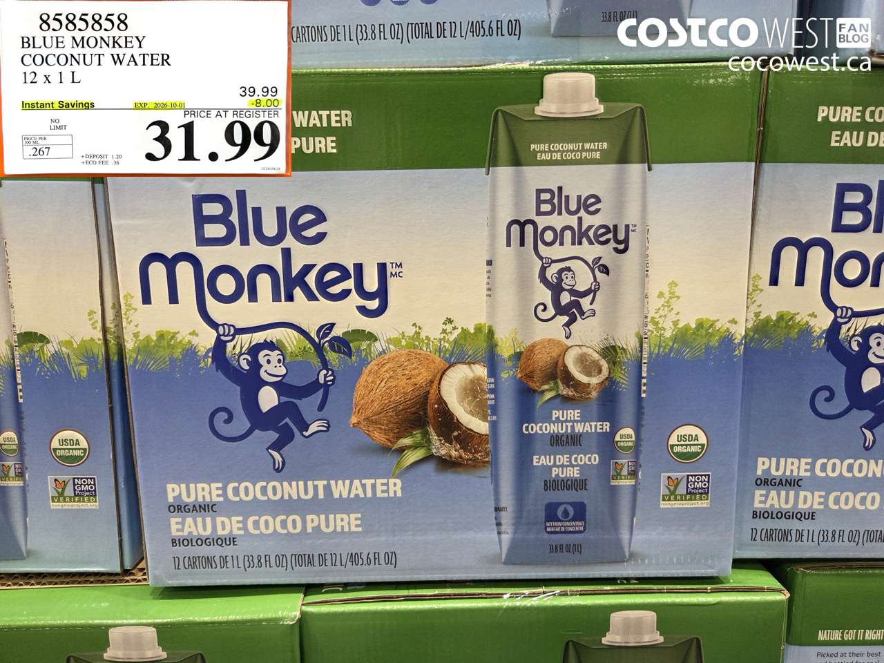 8585858 BLUE MONKEY COCONUT WATER 12 X 1 L ($8.00 INSTANT SAVINGS EXPIRES ON 2026-10-01) $31.99