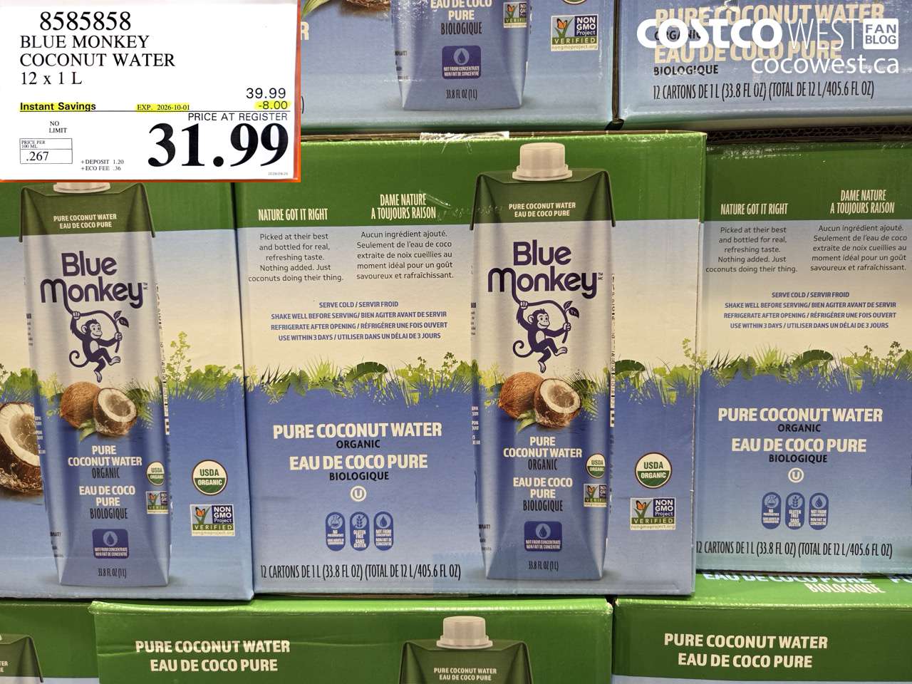 8585858 BLUE MONKEY COCONUT WATER 12 X 1 L ($8.00 INSTANT SAVINGS EXPIRES ON 2026-10-01) $31.99