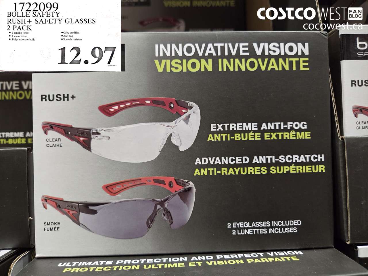 1722099 BOLLE SAFETY RUSH + SAFETY GLASSES 2 PACK $12.97