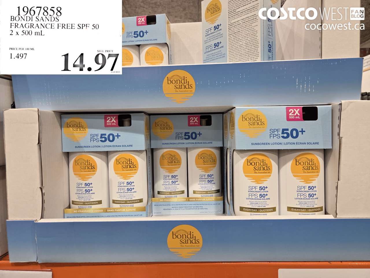 1967858 BONDI SANDS FRAGRANCE FREE SPF 50 2 X 500 ML $14.97