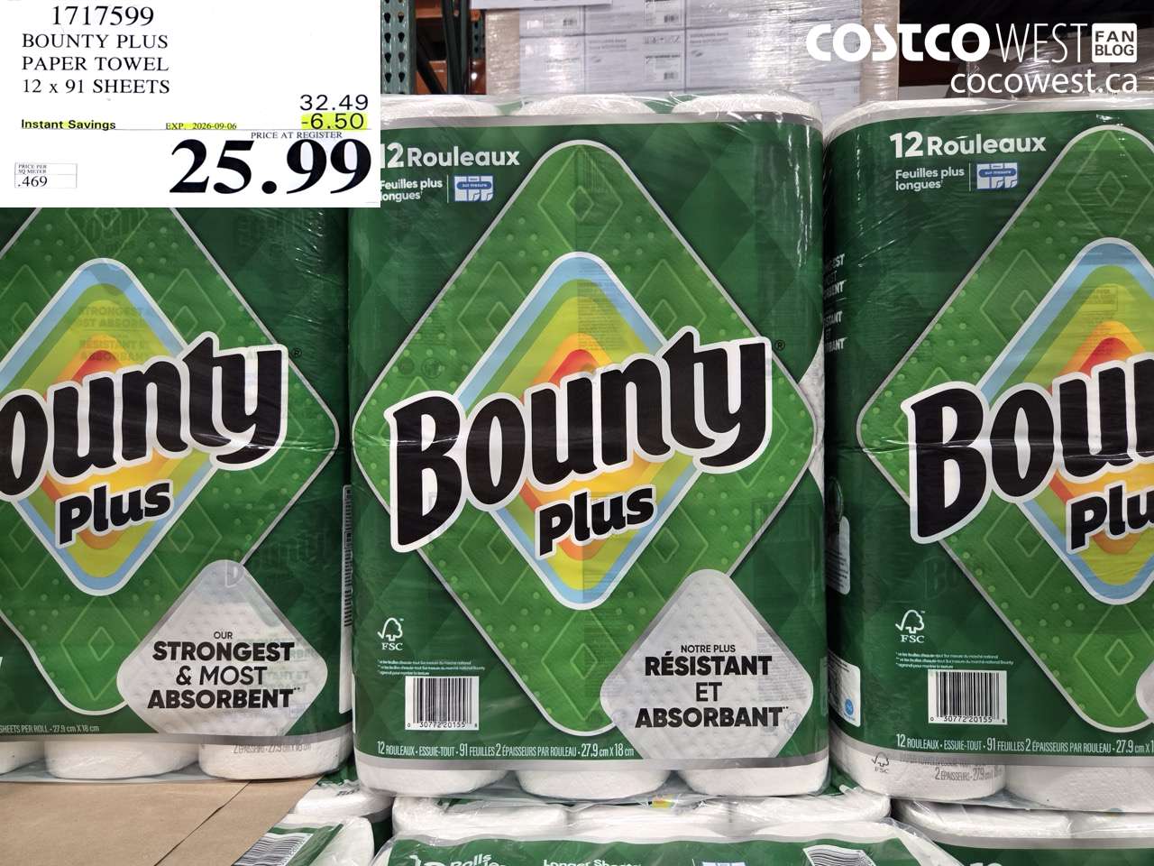 1717599 BOUNTY PLUS PAPER TOWEL 12 X 91 SHEETS ($6.50 INSTANT SAVINGS EXPIRES ON 2026-09-06) $25.99