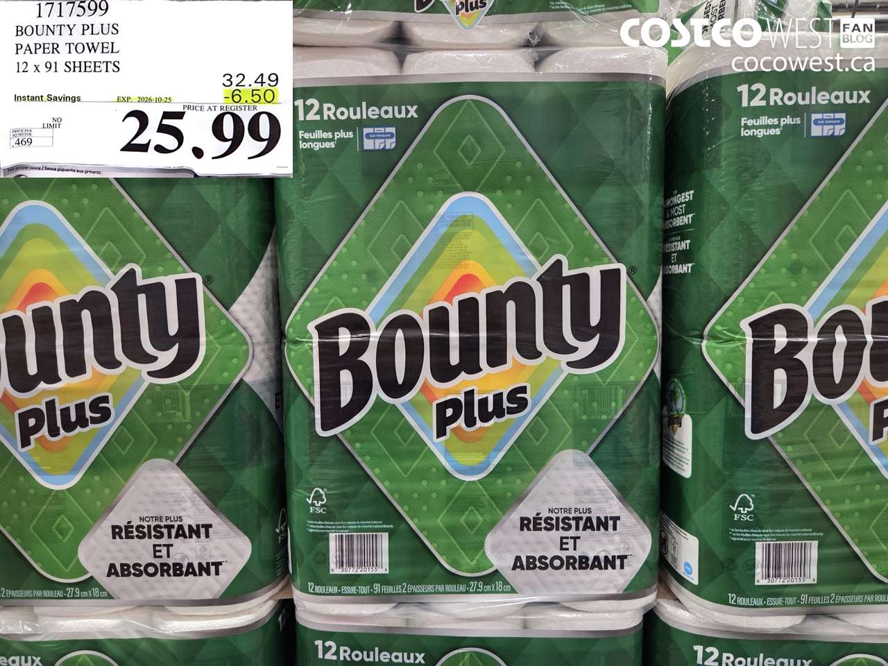 1717599 BOUNTY PLUS PAPER TOWEL 12 X 91 SHEETS ($6.50 INSTANT SAVINGS EXPIRES ON 2026-10-25) $25.99