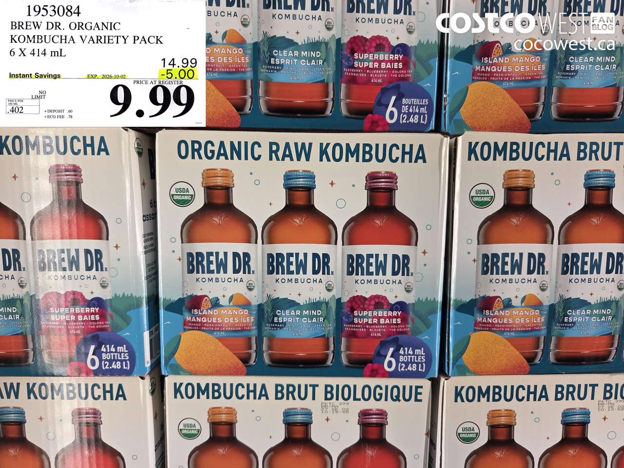 1953084 BREW DR. ORGANIC KOMBUCHA VARIETY PACK 6 X 414 ML ($5.00 INSTANT SAVINGS EXPIRES ON 2026-10-02) $9.99