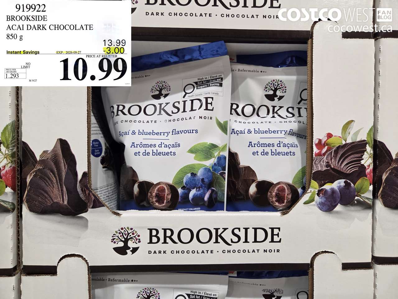 919922 BROOKSIDE ACAI DARK CHOCOLATE 850 G ($3.00 INSTANT SAVINGS EXPIRES ON 2026-09-27) $10.99