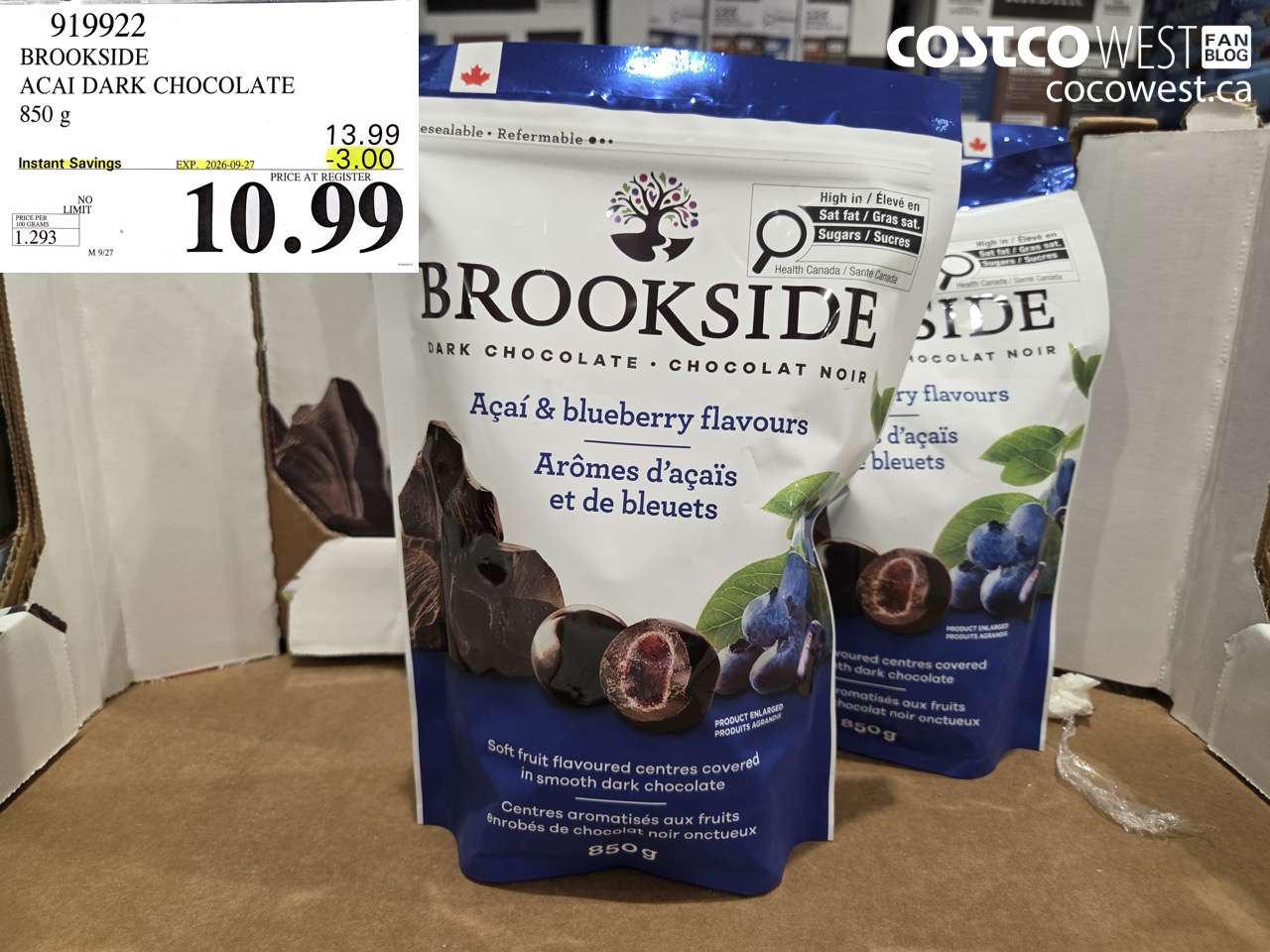 919922 BROOKSIDE ACAI DARK CHOCOLATE 850 G ($3.00 INSTANT SAVINGS EXPIRES ON 2026-09-27) $10.99