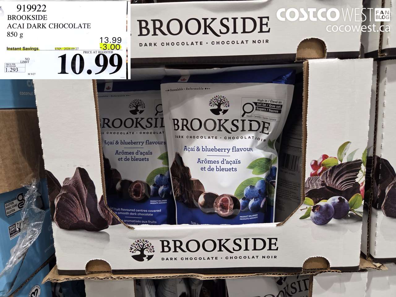 919922 BROOKSIDE ACAI DARK CHOCOLATE 850 G ($3.00 INSTANT SAVINGS EXPIRES ON 2026-09-27) $10.99
