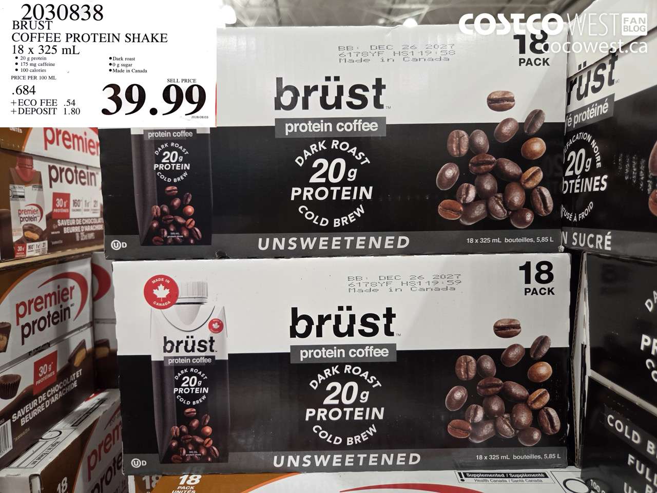 2030838 BRUST COFFEE PROTEIN SHAKE 18 X 325 ML $39.99