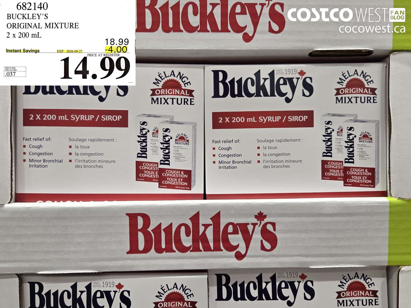682140 BUCKLEY'S ORIGINAL MIXTURE 2 X 200 ML ($4.00 INSTANT SAVINGS EXPIRES ON 2026-09-27) $14.99