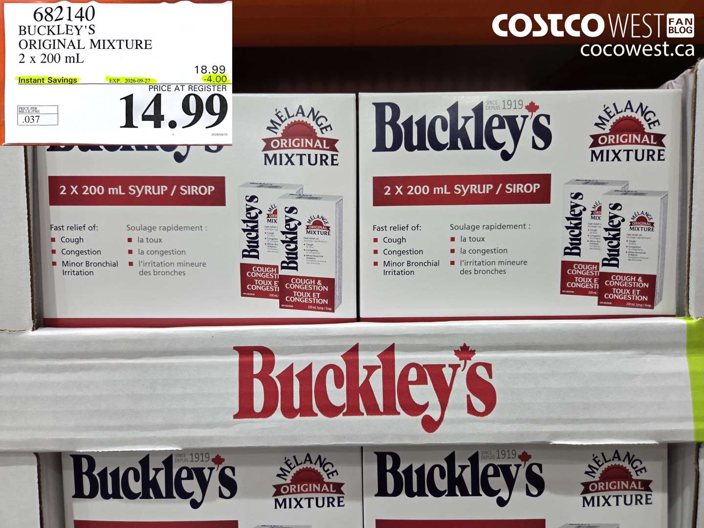 682140 BUCKLEY'S ORIGINAL MIXTURE 2 X 200 ML ($4.00 INSTANT SAVINGS EXPIRES ON 2026-09-27) $14.99