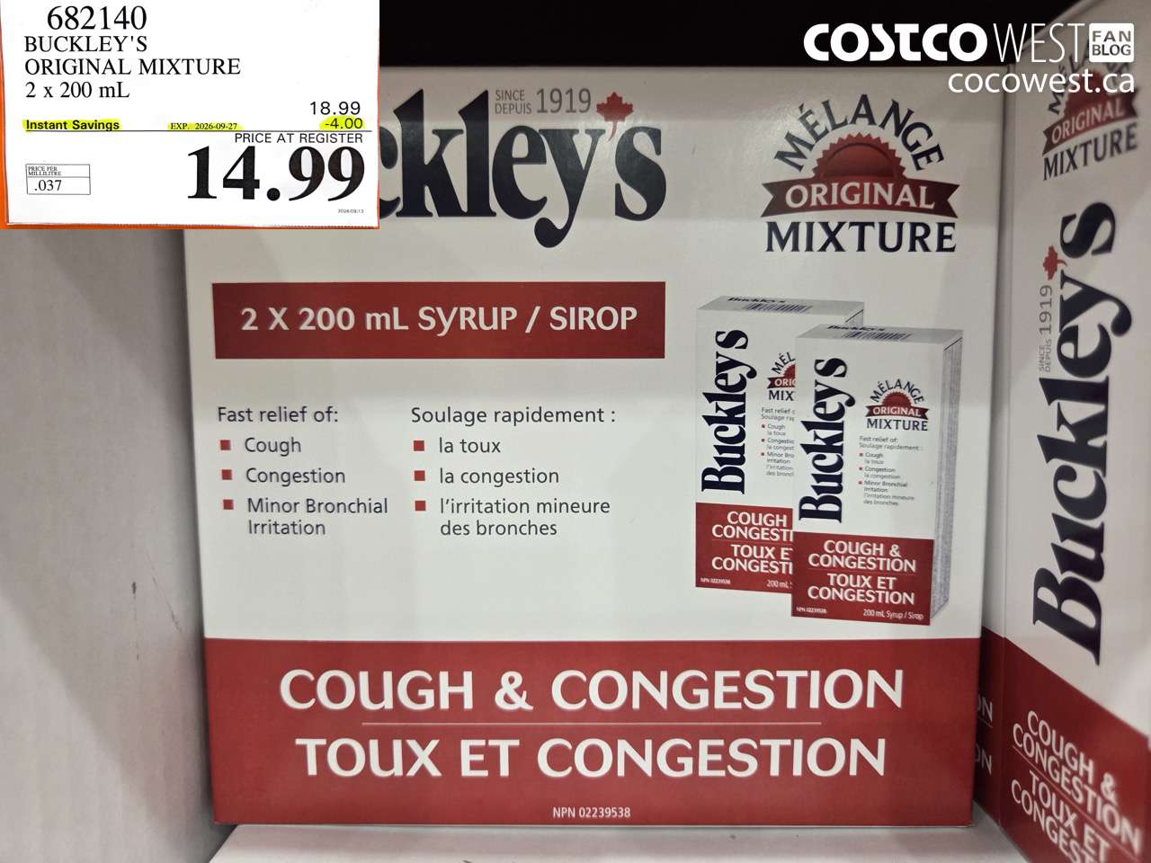 682140 BUCKLEY'S ORIGINAL MIXTURE 2 X 200 ML ($4.00 INSTANT SAVINGS EXPIRES ON 2026-09-27) $14.99
