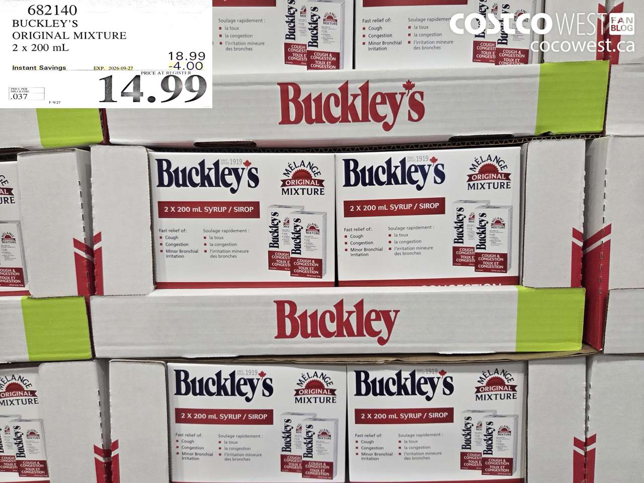 682140 BUCKLEY'S ORIGINAL MIXTURE 2 X 200 ML ($4.00 INSTANT SAVINGS EXPIRES ON 2026-09-27) $14.99