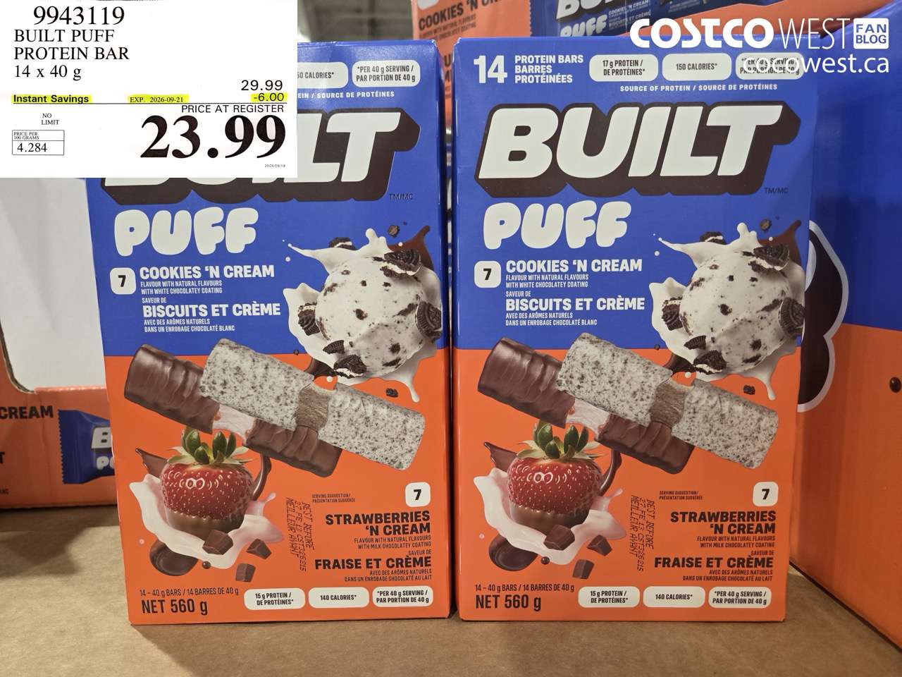 9943119 BUILT PUFF PROTEIN BAR 14 X 40 G ($6.00 INSTANT SAVINGS EXPIRES ON 2026-09-21) $23.99