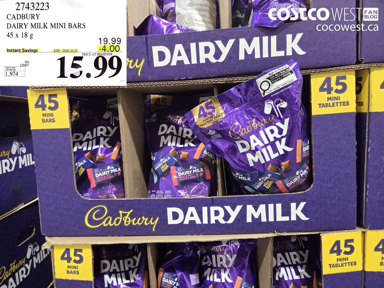 2743223 CADBURY DAIRY MILK MINI BARS 45 X 18 G ($4.00 INSTANT SAVINGS EXPIRES ON 2026-10-25) $15.99