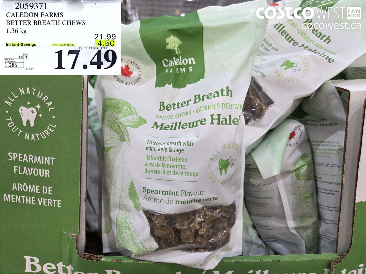 2059371 CALEDON FARMS BETTER BREATH CHEWS 1.36 KG ($4.50 INSTANT SAVINGS EXPIRES ON 2026-09-27) $17.49