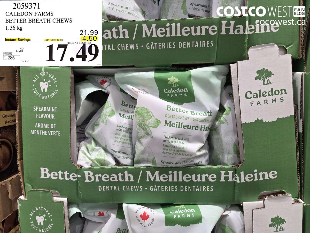 2059371 CALEDON FARMS BETTER BREATH CHEWS 1.36 KG ($4.50 INSTANT SAVINGS EXPIRES ON 2026-10-04) $17.49