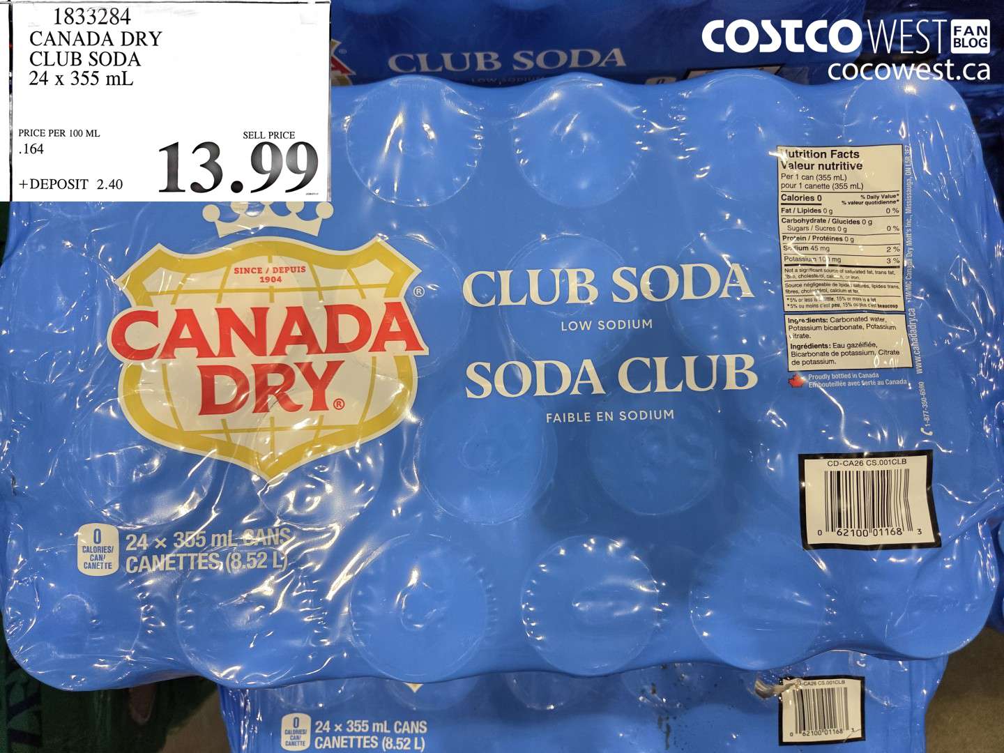 1833284 CANADA DRY CLUB SODA 24 X 355 ML $13.99