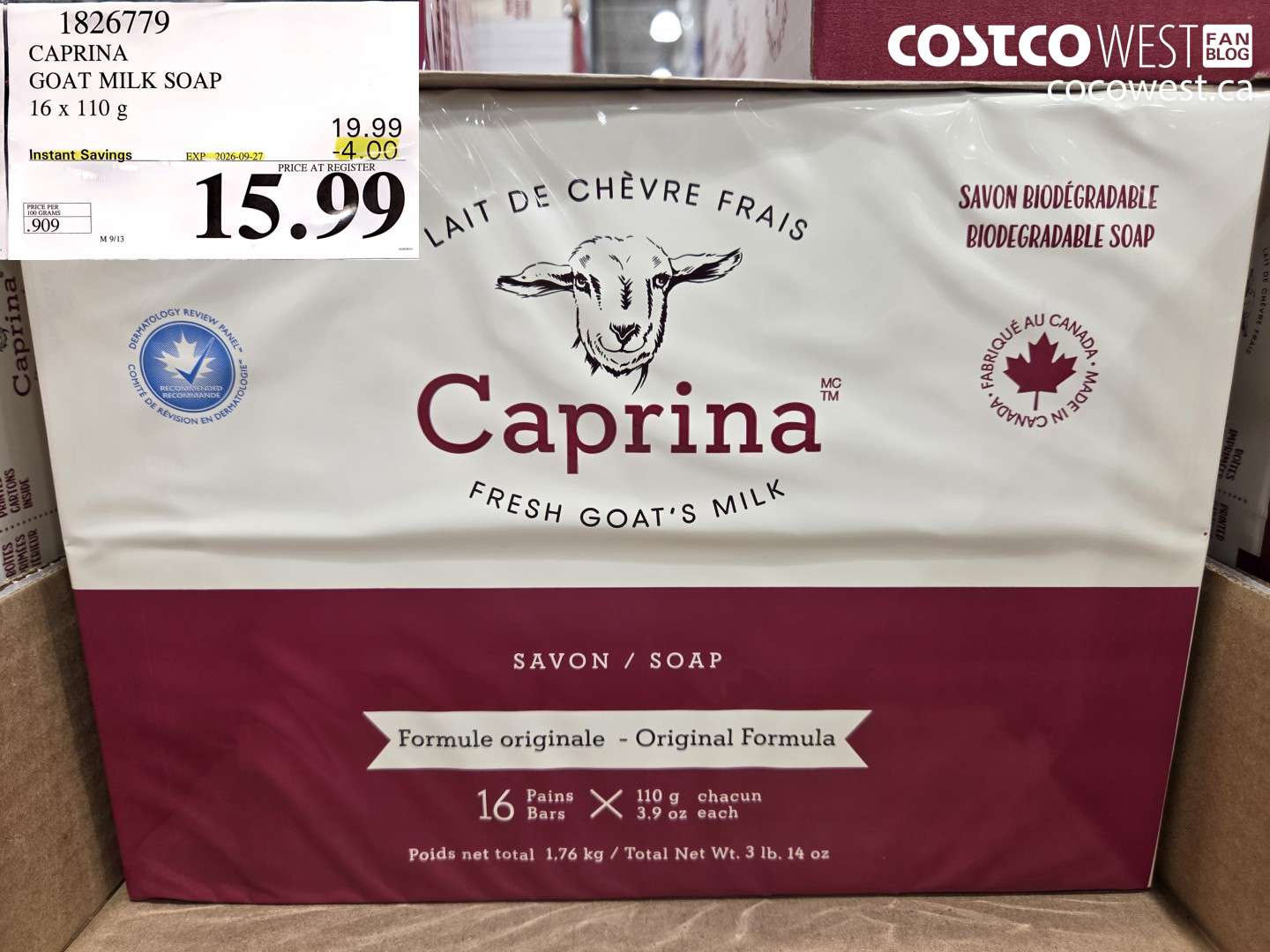 1826779 CAPRINA GOAT MILK SOAP 16 X 110 G ($4.00 INSTANT SAVINGS EXPIRES ON 2026-09-27) $15.99