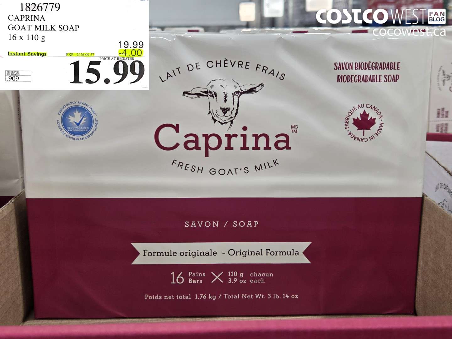 1826779 CAPRINA GOAT MILK SOAP 16 X 110 G ($4.00 INSTANT SAVINGS EXPIRES ON 2026-09-27) $15.99