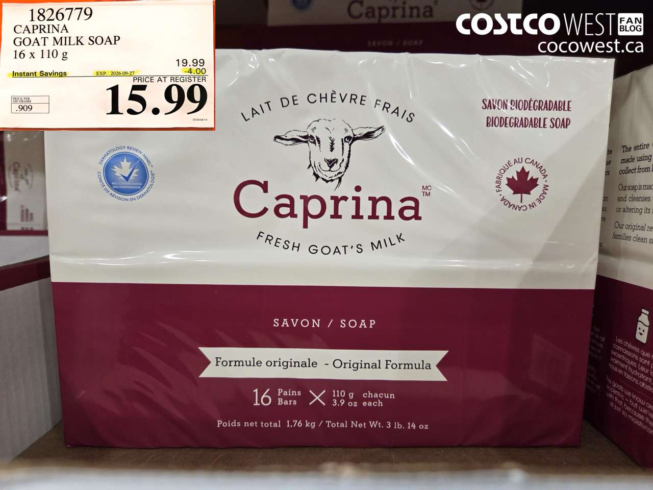 1826779 CAPRINA GOAT MILK SOAP 16 X 110 G ($4.00 INSTANT SAVINGS EXPIRES ON 2026-09-27) $15.99