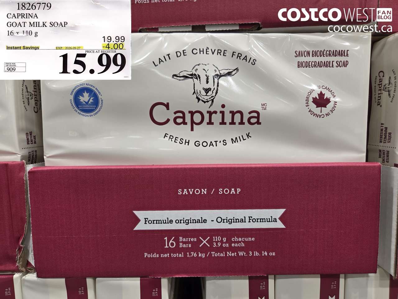 1826779 CAPRINA GOAT MILK SOAP 16 X 110 G ($4.00 INSTANT SAVINGS EXPIRES ON 2026-09-27) $15.99