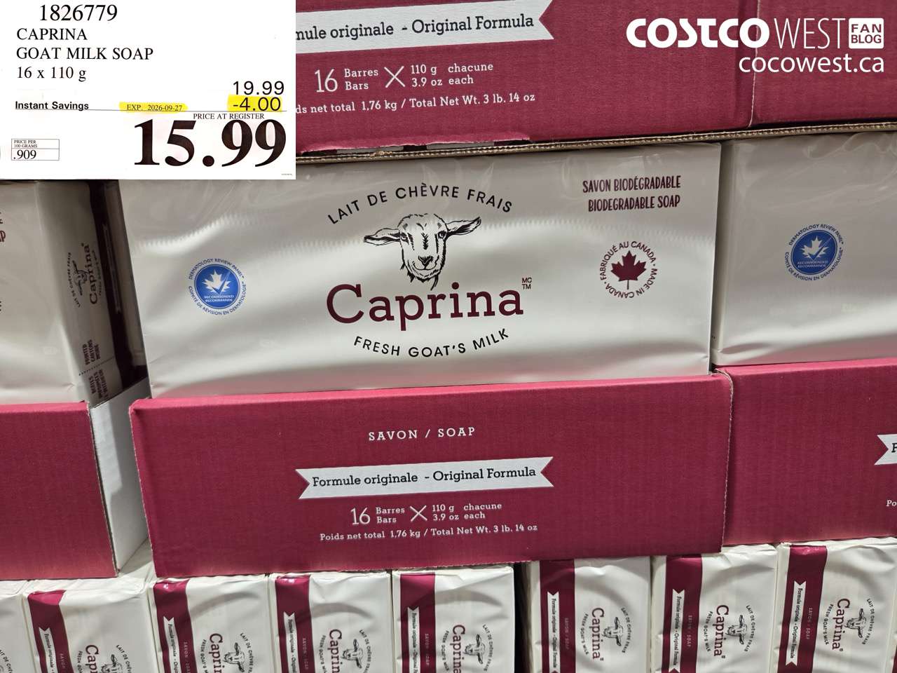 1826779 CAPRINA GOAT MILK SOAP 16 X 110 G ($4.00 INSTANT SAVINGS EXPIRES ON 2026-09-27) $15.99