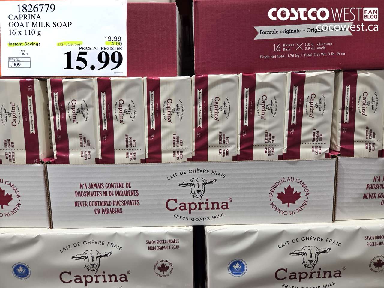 1826779 CAPRINA GOAT MILK SOAP 16 X 110 G ($4.00 INSTANT SAVINGS EXPIRES ON 2026-10-04) $15.99