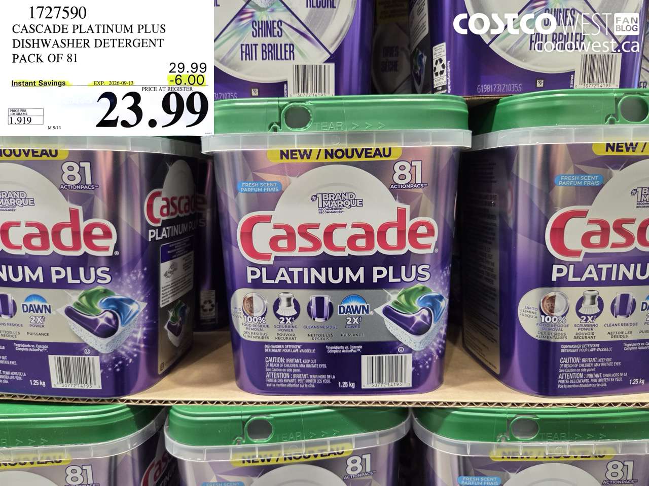 1727590 CASCADE PLATINUM PLUS DISHWASHER DETERGENT PACK OF 81 ($6.00 INSTANT SAVINGS EXPIRES ON 2026-09-13) $23.99