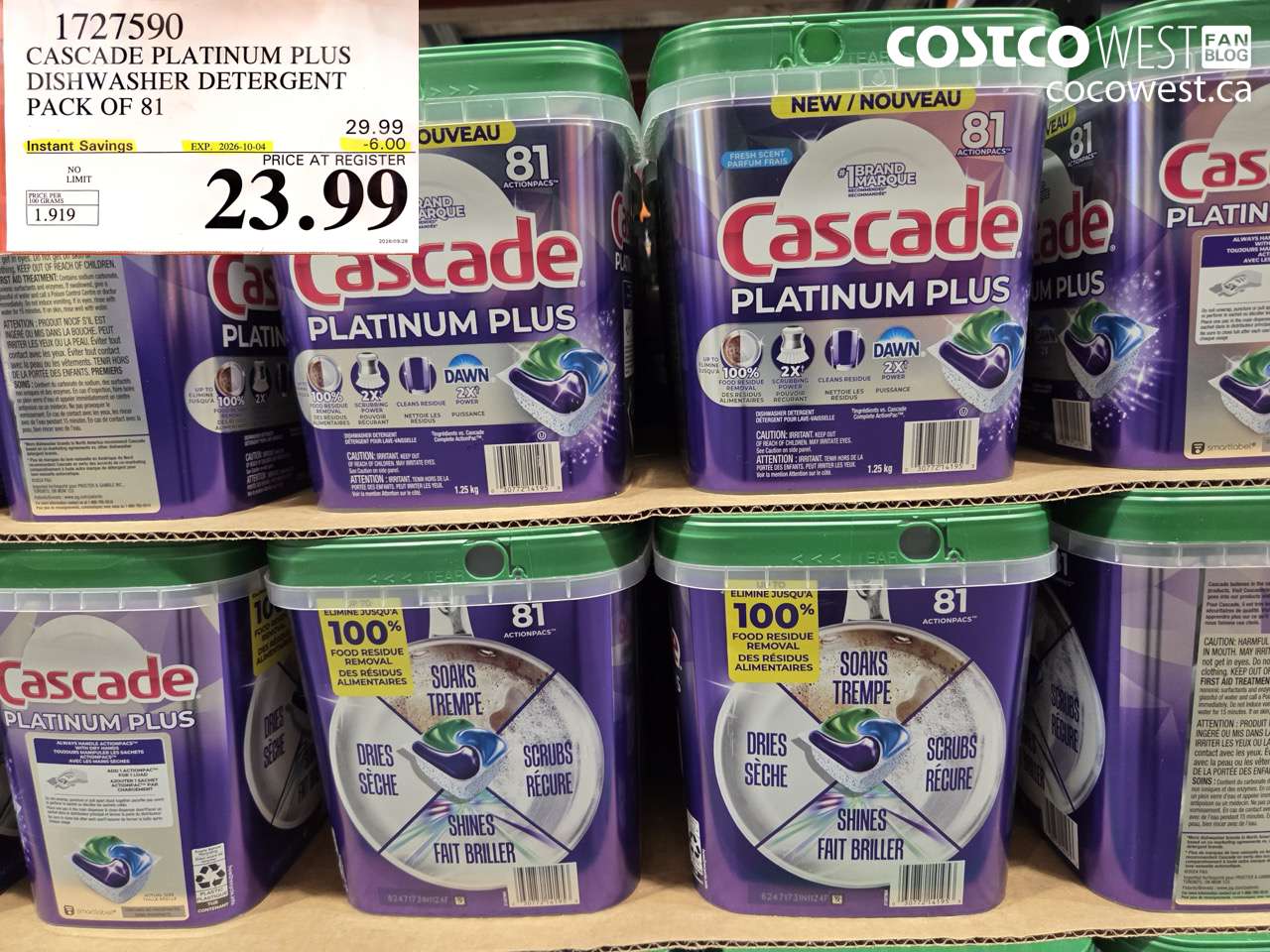 1727590 CASCADE PLATINUM PLUS DISHWASHER DETERGENT PACK OF 81 ($6.00 INSTANT SAVINGS EXPIRES ON 2026-10-04) $23.99