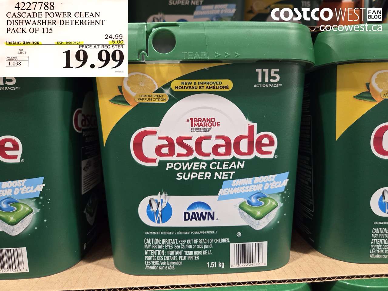 4227788 CASCADE POWER CLEAN DISHWASHER DETERGENT PACK OF 115 ($5.00 INSTANT SAVINGS EXPIRES ON 2026-09-27) $19.99