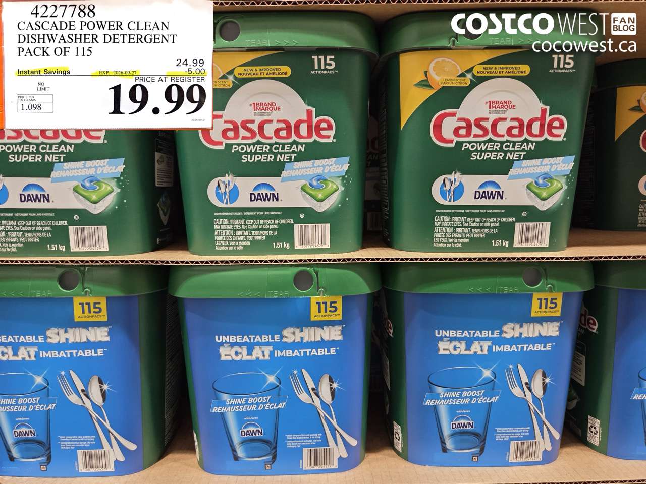 4227788 CASCADE POWER CLEAN DISHWASHER DETERGENT PACK OF 115 ($5.00 INSTANT SAVINGS EXPIRES ON 2026-09-27) $19.99