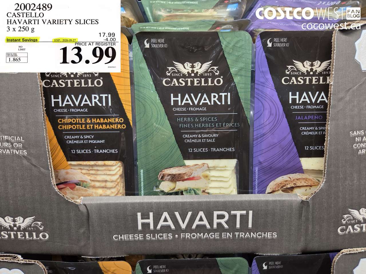 2002489 CASTELLO HAVARTI VARIETY SLICES 3 X 250 G ($4.00 INSTANT SAVINGS EXPIRES ON 2026-09-27) $13.99